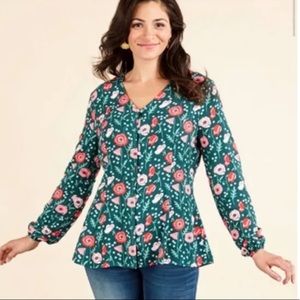 Matilda Jane Floral Pattern Green Base Women Medium Button Front Long Sleeve Top